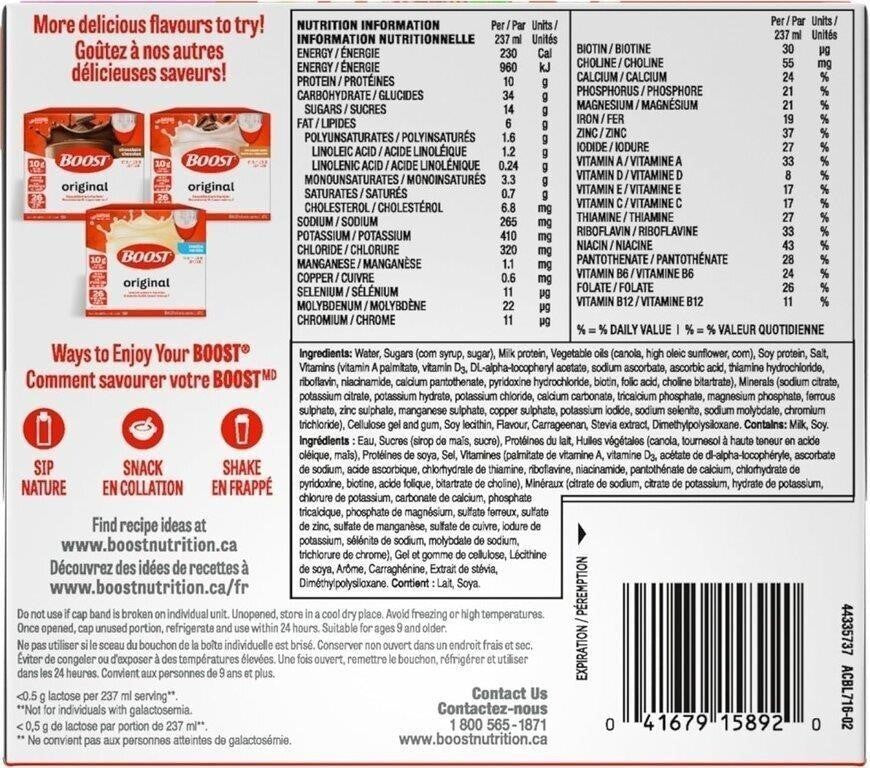 BOOST ORIGINAL MEAL REPLACEMENT DRINK 6X237mL – FACTORY SEALED